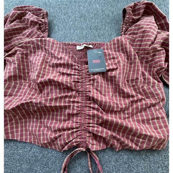 Levi's Tops - Levis Shirt Womens 1X Dark Red Plaid Shirred Cropped‎ Front Tie Smocked Top New